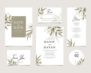 Set of elegant wedding invitation templates with beautiful leaves