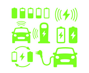 Electric car with plug graphic icon. Car charging station icon in trendy flat style. Electrical charging station symbol. Renewable eco technologies. Vector illustration. Battery charging grades icons