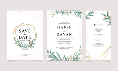 Wedding invitation card template with green leaves and golden geometric frame