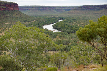 View of the Australian bush and the Victoria River Northern Territory from top of escarpment.