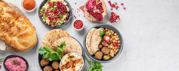 Jewish food on light background.