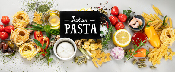 Italian food assortment on light background.