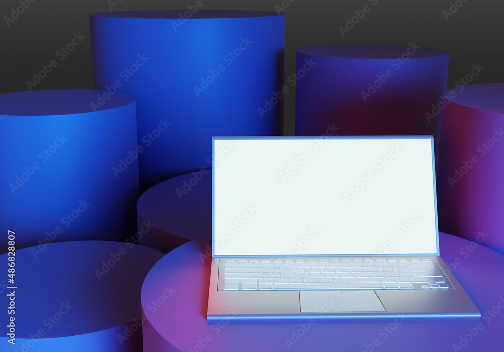 Poster laptop mock up. computer with blank screen. pedestals with portable laptop. detailed notebook templa