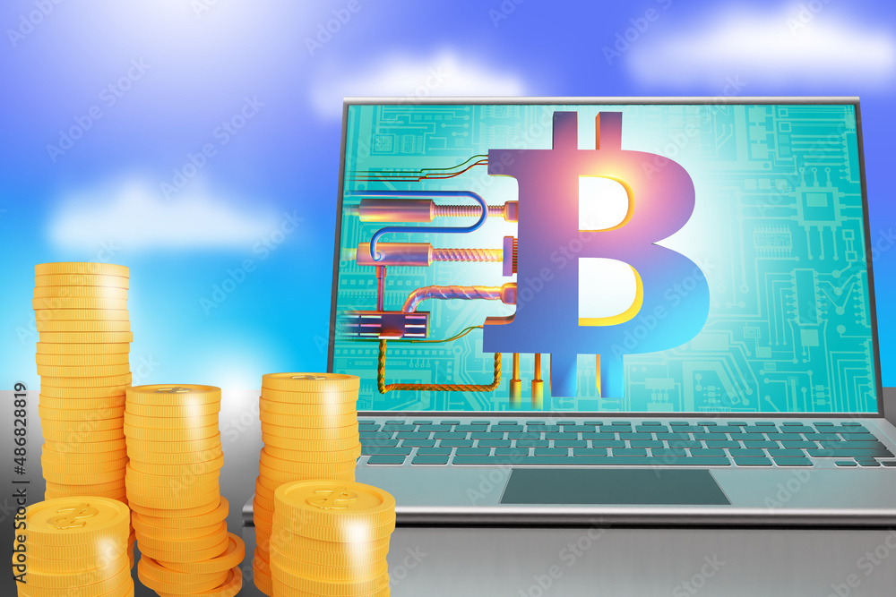 Poster bitcoin business. mining bitcoin money. creation of cryptocurrency. blockchain money sign in laptop 