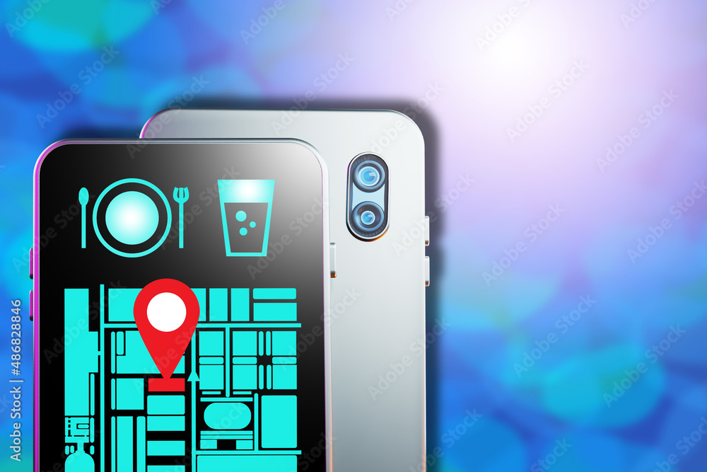 Poster fast delivery food concept. ordering ready meals through app. food icons and map on smartphone scree