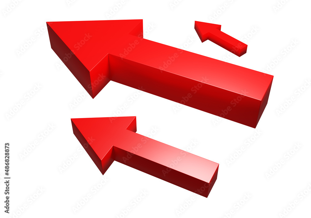 Poster set of red arrows. three-dimensional arrows point to upper left corner. volumetric arrows of differe