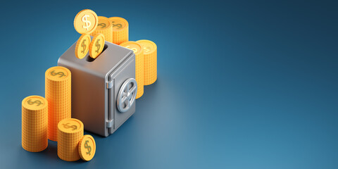 Safe storage of money Concept. Reliable bank vault. Gold coins fall in safe. Safe-moneybox on turquoise. Place for your promotional text. Protected bank deposit. Reliable investment. 3d rendering.