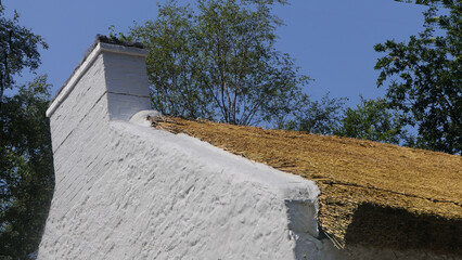 Old Irish Traditional Whitewashed Cottage with thatched roof on a Farm in Ireland