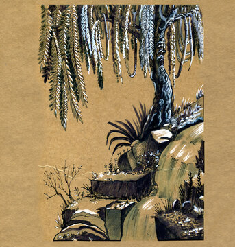 Waterfall among stones and trees. The old willow bowed its branches to the water. Black and white ink drawing on brown paper.