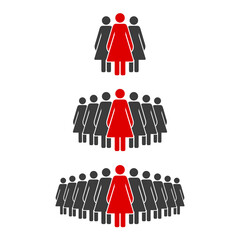 Woman standing out from the crowd. The red stick figure ahead of the black stick figures. Group leader. Difference and individuality concept. People group icon. Vector illustration isolated on white.