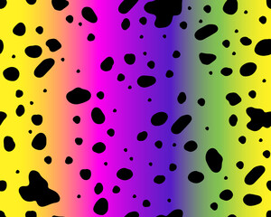 Fototapeta na wymiar Bright rainbow dalmatian pattern seamless pattern. Black uneven spots animal print. Vector background