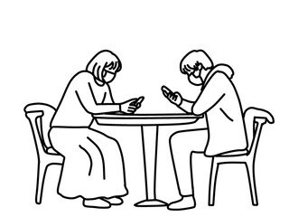 マスクをして向かい合ってスマホを見るカップルの線画イラスト