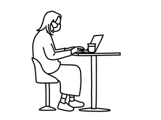 Fototapeta na wymiar カフェでノートパソコンに向かう女性の線画イラスト