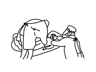 患者を見る防護服を着たファストドクターの線画イラスト