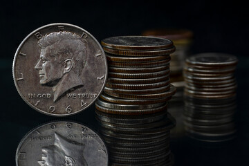 US Half Silver Dollar John Fitzgerald Kennedy 1964 Coin Stacks Blurred Background Reflection Macro