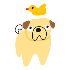 Funny pug and flying duck. Vector illustration on white background.
