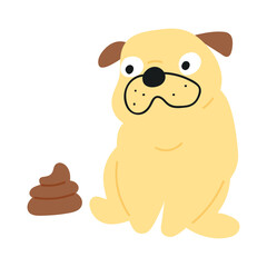 Pug looking at poops. Vector hand drawn illustration on white background.