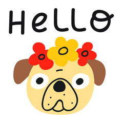 Hello. Cute pug face. Vector hand drawn illustration on white background.