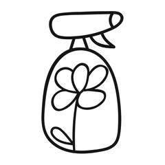 Outline icon. Eco-friendly cleaning concept. Spray bottle with flower. Hand drawn vector illustration.