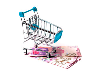 Ukrainian hryvnia in a grocery cart on a white isolated background.The concept of a rise in the...