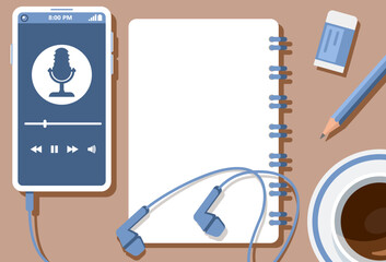 Listen to Podcast with notebook learning concepts. Headphones, coffee mugs, and pencils are ready to write down all the important. Vector illustration flat design for banner, poster, and background.
