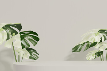 3D Rendering marble product display podium with monstera albo leaves.