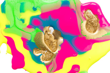 Gold dust spots on liquid fluorescent paints on white background.