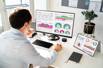 Obraz na płótnie Canvas Businessman Using Analytics Data KPI Dashboard