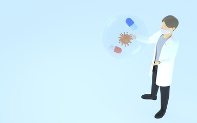 3DCG　白衣を着た医者とコロナウイルスと経口抗ウイルス薬、ウィズコロナのイメージ、俯瞰