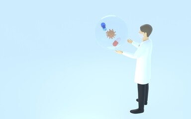 3DCG　白衣を着た医者の後ろ姿とコロナウイルスと経口抗ウイルス薬、ウィズコロナのイメージ