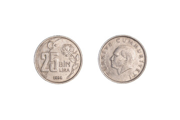 Turkish 25 Bin Liras Coins Isolated On black. close-up.