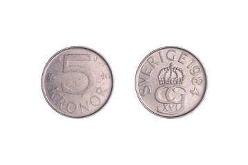coin 5 swedish Kronor isolated on white background