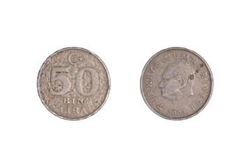 50 bin lira coin. black background on both sides, 2000 Turkey