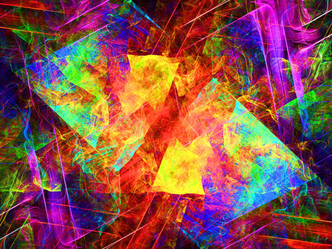 Composici&oacute;n de arte fractal digital consistente en figuras y trazos triangulares transl&uacute;cidos aglomerados formando un conjunto de fuerzas opuestas peleando por la energ&iacute;a.