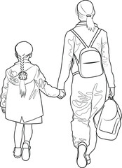 Contour image of mother with daughter going to school vector illustration