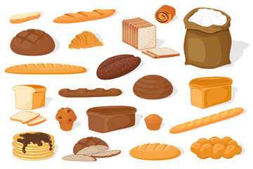 Bakery products on a white background.Confectionery products.Croissants and a French baguette, a loaf of bread and a pancake.Sandwich bread and rye loaves.A set of vector illustrations made of flour.T