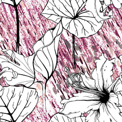 Fototapeta premium Floral Black White Pattern. Modern Watercolor