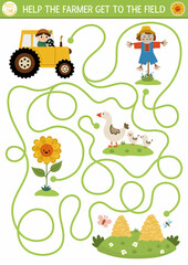 Farm maze for kids with cute tractor, scarecrow, sunflower, hay stacks. Country side preschool printable activity. Spring or summer labyrinth game, puzzle. Help the farmer get to the field.