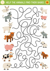 Farm maze for kids with animals and their babies. Country side preschool printable activity with cute goat, pig, horse, sheep, cow. Mothers day labyrinth game, puzzle with family love concept.