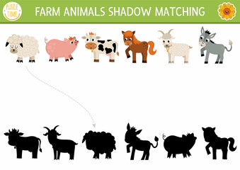 Fototapeta premium Farm shadow matching activity with animals. Country village puzzle with cute cow, pig, sheep, horse, goat. Find correct silhouette printable worksheet or game. On the farm page for kids.