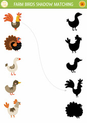 Farm shadow matching activity with birds. Country village puzzle with cute hen, rooster, goose, duck, turkey. Find correct silhouette printable worksheet or game. On the farm page for kids.