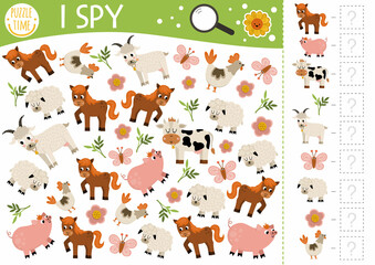 Farm animals I spy game for kids. Searching and counting activity with goat, horse, sheep, hen, pig, cow. Rural village printable worksheet for preschool children. Simple on the farm spotting puzzle.