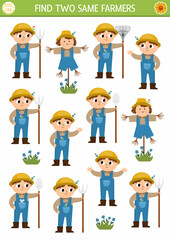 Find two same farmers. On the farm matching activity for children. Rural village educational quiz worksheet for kids for attention skills. Simple printable game with cute boy.