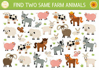 Find two same farm animals. On the farm matching activity for children. Rural village educational quiz worksheet for kids for attention skills. Simple printable game with cute pig, cow, goat, horse. © Lexi Claus