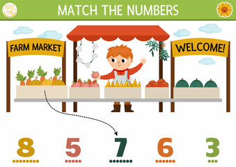 Match the numbers farm game with farm market, vendor, fruit and vegetables. Rural country math activity for preschool kids. On the farm educational printable counting worksheet.