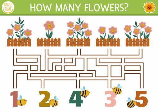 Farm or garden maze for children with flowerbeds, bees, fence. Countryside preschool printable counting activity. Spring or summer labyrinth game or math puzzle with cute flowers.
