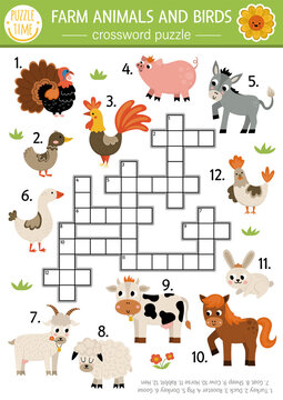 Vector farm animals and birds crossword puzzle for kids. Simple on the farm quiz for children. Country educational activity with cow, hen, pig, goat, horse. Rural village cross word with cattle.