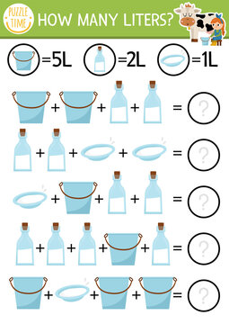 Farm how many liters game with funny cow, milk dairymaid. On the farm math addition activity for preschool children. Printable simple country counting worksheet for kids.