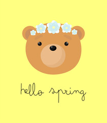 Cute Bear with flowers on the head. Vector illustration in cartoon style. For card, posters, banners, books, printing on the pack, printing on clothes, fabric, wallpaper, textile or dishes.