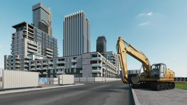 Houses construction process. Construction of a residential complex, time lapse. Excavator on the background of a construction site.